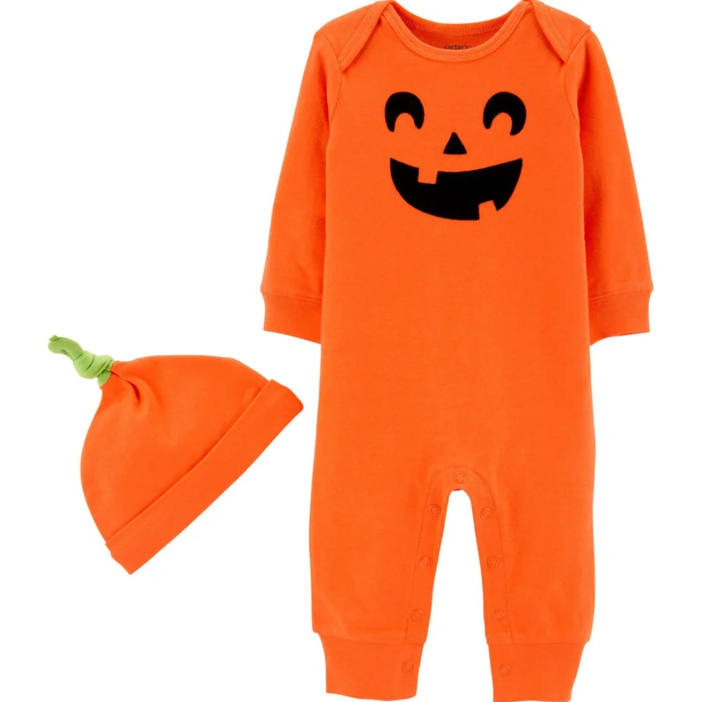 Baby Halloween Jumpsuit & Hat Set Orange Pumpkin